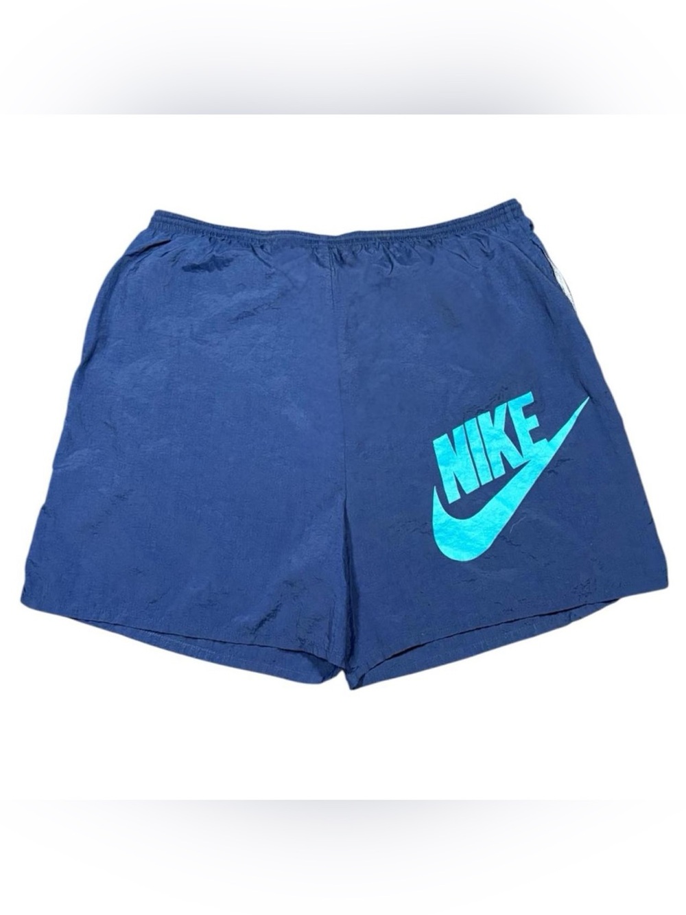 Vintage 1980s Nike Big Swoosh Check Nylon Shorts Navy Blue